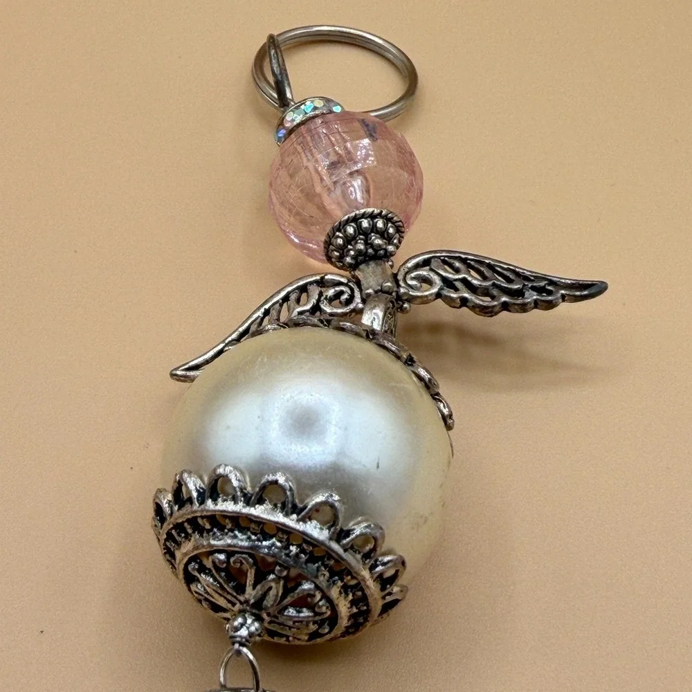 Guardian Angel Keychain Pearl Pink Bead Cherub Wing Charm Religious Prayer Gift
